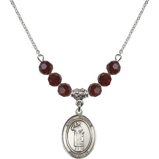 Sterling Silver Saint Stephen the Martyr Birthstone Necklace with Garnet Beads - 8104