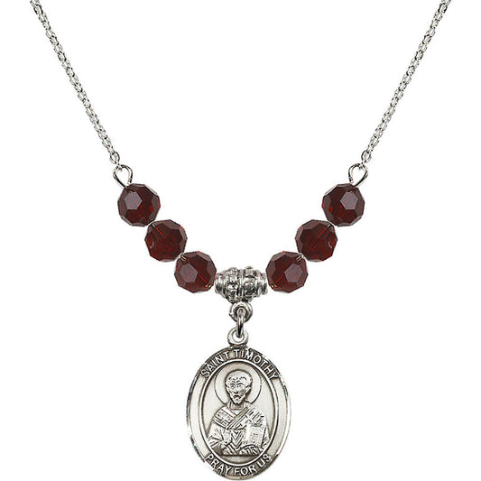 Sterling Silver Saint Timothy Birthstone Necklace with Garnet Beads - 8105