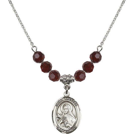 Sterling Silver Saint Theresa Birthstone Necklace with Garnet Beads - 8106