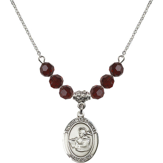 Sterling Silver Saint Thomas Aquinas Birthstone Necklace with Garnet Beads - 8108