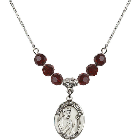 Sterling Silver Saint Thomas More Birthstone Necklace with Garnet Beads - 8109