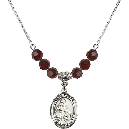 Sterling Silver Saint Veronica Birthstone Necklace with Garnet Beads - 8110