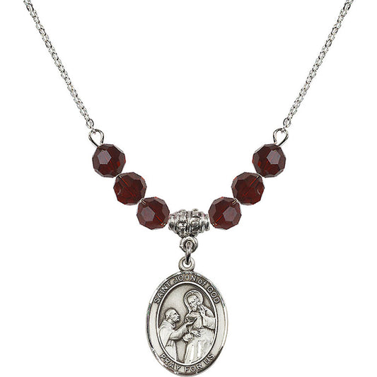Sterling Silver Saint John of God Birthstone Necklace with Garnet Beads - 8112
