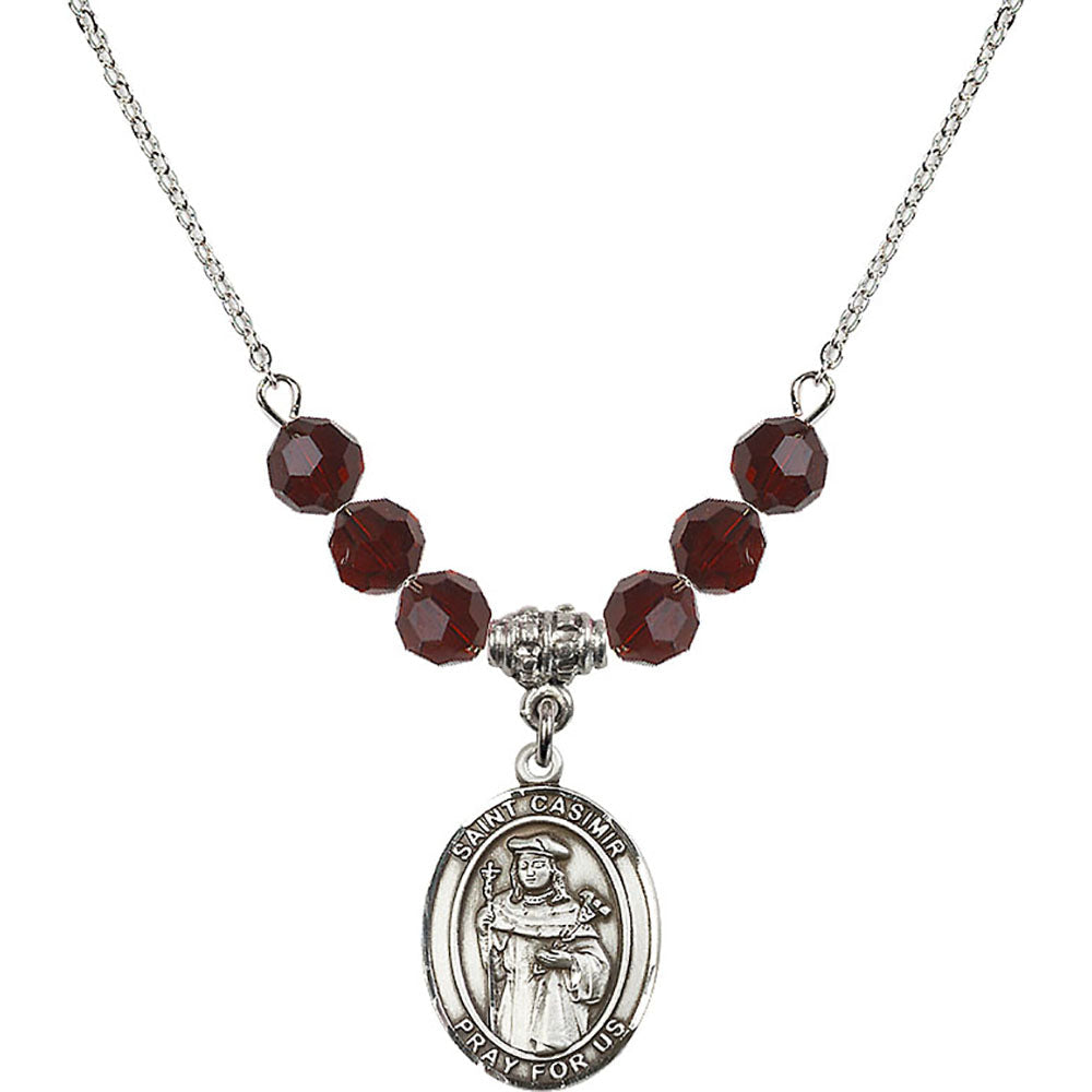 Sterling Silver Saint Casimir of Poland Birthstone Necklace with Garnet Beads - 8113