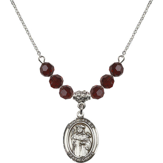 Sterling Silver Saint Casimir of Poland Birthstone Necklace with Garnet Beads - 8113