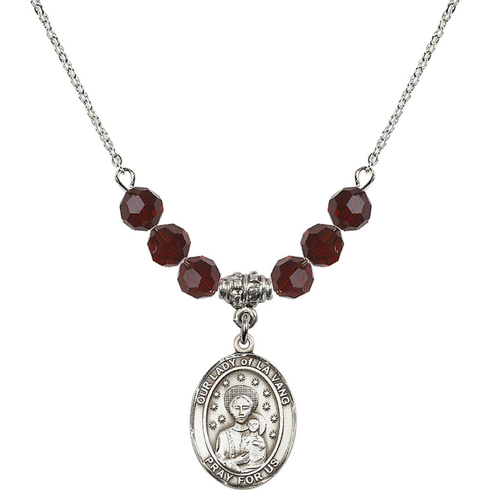 Sterling Silver Our Lady of la Vang Birthstone Necklace with Garnet Beads - 8115