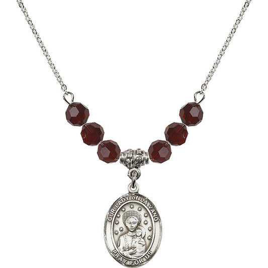 Sterling Silver Our Lady of la Vang Birthstone Necklace with Garnet Beads - 8115