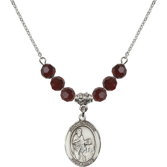 Sterling Silver Saint Zachary Birthstone Necklace with Garnet Beads - 8116