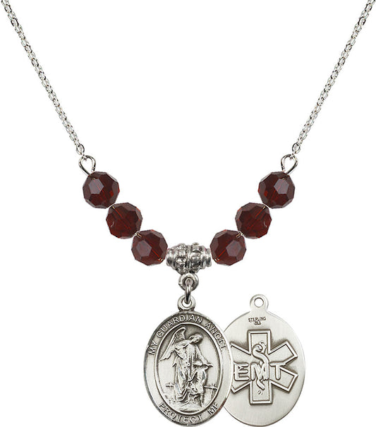 Sterling Silver Guardian Angel / EMT Birthstone Necklace with Garnet Beads - 8118