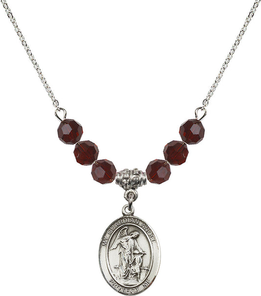 Sterling Silver Guardian Angel w/Child Birthstone Necklace with Garnet Beads - 8118