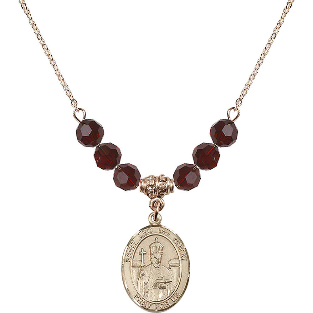 14kt Gold Filled Saint Leo the Great Birthstone Necklace with Garnet Beads - 8120