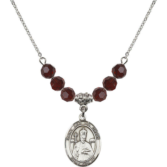 Sterling Silver Saint Leo the Great Birthstone Necklace with Garnet Beads - 8120