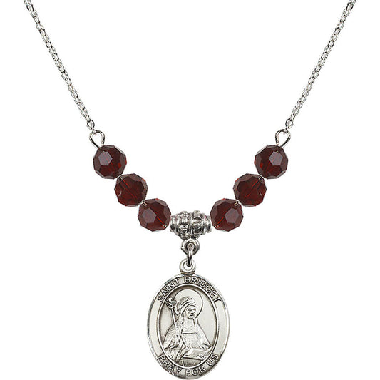 Sterling Silver Saint Bridget of Sweden Birthstone Necklace with Garnet Beads - 8122