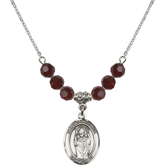 Sterling Silver Saint Stanislaus Birthstone Necklace with Garnet Beads - 8124