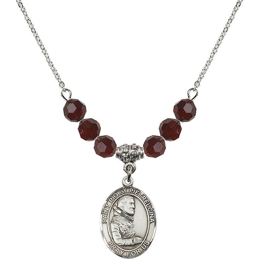 Sterling Silver Saint Pio of Pietrelcina Birthstone Necklace with Garnet Beads - 8125