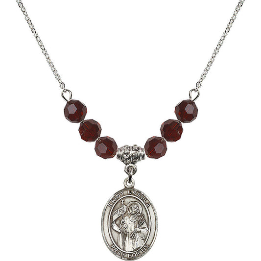 Sterling Silver Saint Ursula Birthstone Necklace with Garnet Beads - 8127