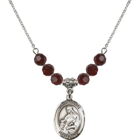 Sterling Silver Saint Agnes of Rome Birthstone Necklace with Garnet Beads - 8128