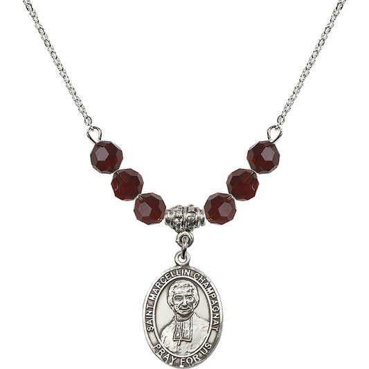 Sterling Silver Saint Marcellin Champagnat Birthstone Necklace with Garnet Beads - 8131