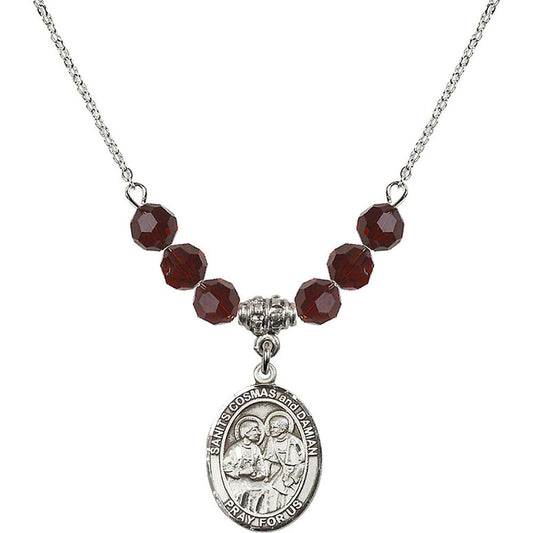 Sterling Silver Saints Cosmas & Damian Birthstone Necklace with Garnet Beads - 8132