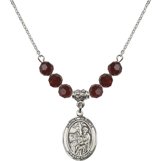 Sterling Silver Saint Jerome Birthstone Necklace with Garnet Beads - 8135