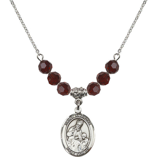 Sterling Silver Saint Ambrose Birthstone Necklace with Garnet Beads - 8137