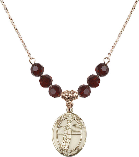 14kt Gold Filled Saint Christopher/Volleyball Birthstone Necklace with Garnet Beads - 8138