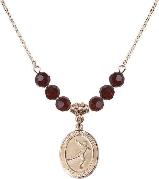 14kt Gold Filled Saint Christopher/Figure Skating Birthstone Necklace with Garnet Beads - 8139