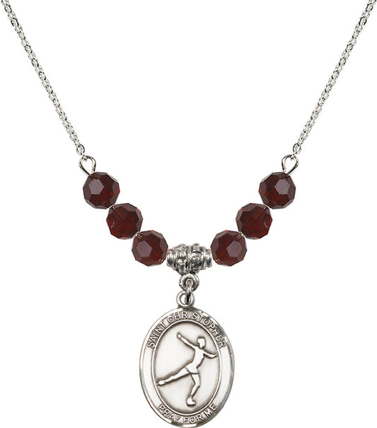 Sterling Silver Saint Christopher/Figure Skating Birthstone Necklace with Garnet Beads - 8139