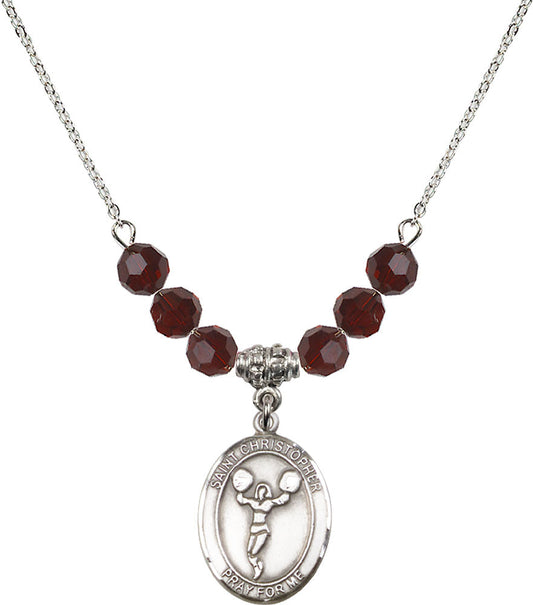 Sterling Silver Saint Christopher/Cheerleading Birthstone Necklace with Garnet Beads - 8140
