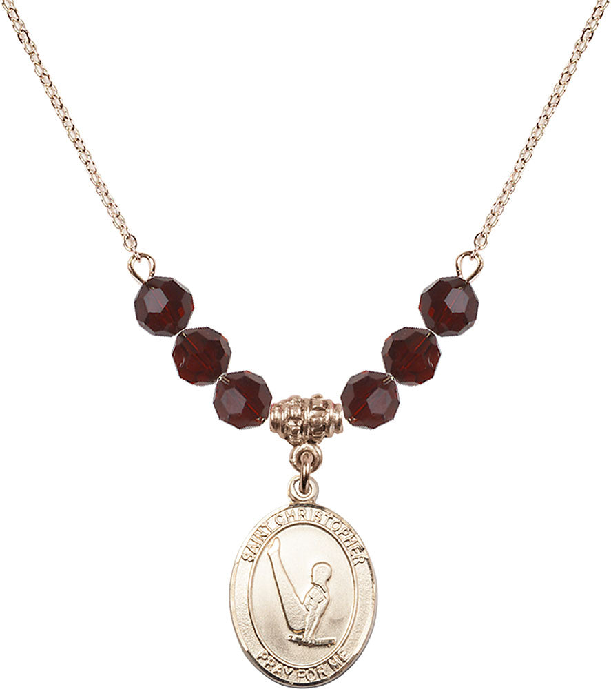 14kt Gold Filled Saint Christopher/Gymnastics Birthstone Necklace with Garnet Beads - 8142