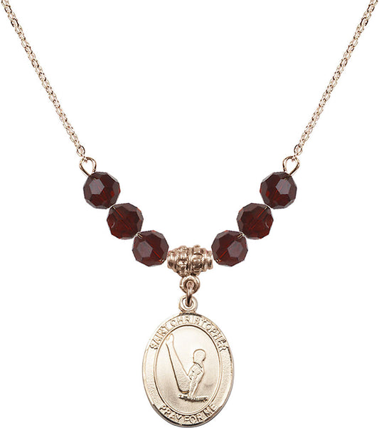 14kt Gold Filled Saint Christopher/Gymnastics Birthstone Necklace with Garnet Beads - 8142