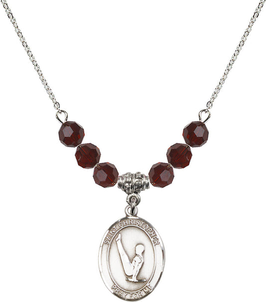 Sterling Silver Saint Christopher/Gymnastics Birthstone Necklace with Garnet Beads - 8142