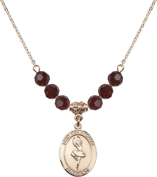14kt Gold Filled Saint Christopher/Dance Birthstone Necklace with Garnet Beads - 8143
