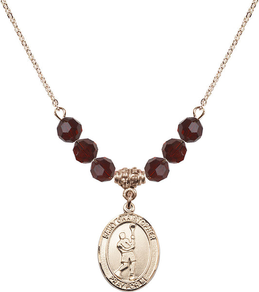 14kt Gold Filled Saint Christopher/Lacrosse Birthstone Necklace with Garnet Beads - 8144