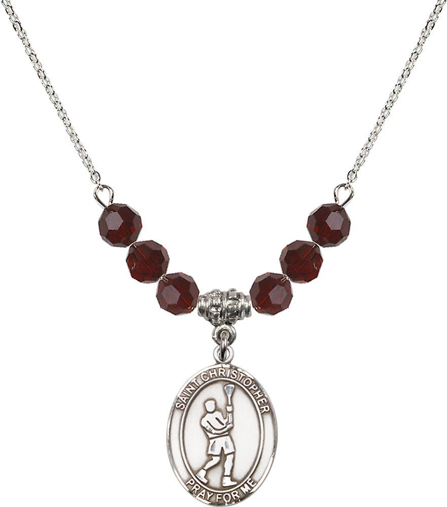 Sterling Silver Saint Christopher/Lacrosse Birthstone Necklace with Garnet Beads - 8144