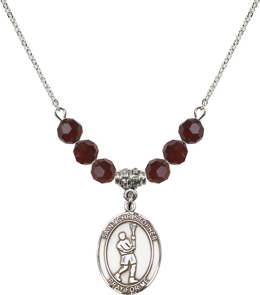 Sterling Silver Saint Christopher/Lacrosse Birthstone Necklace with Garnet Beads - 8144
