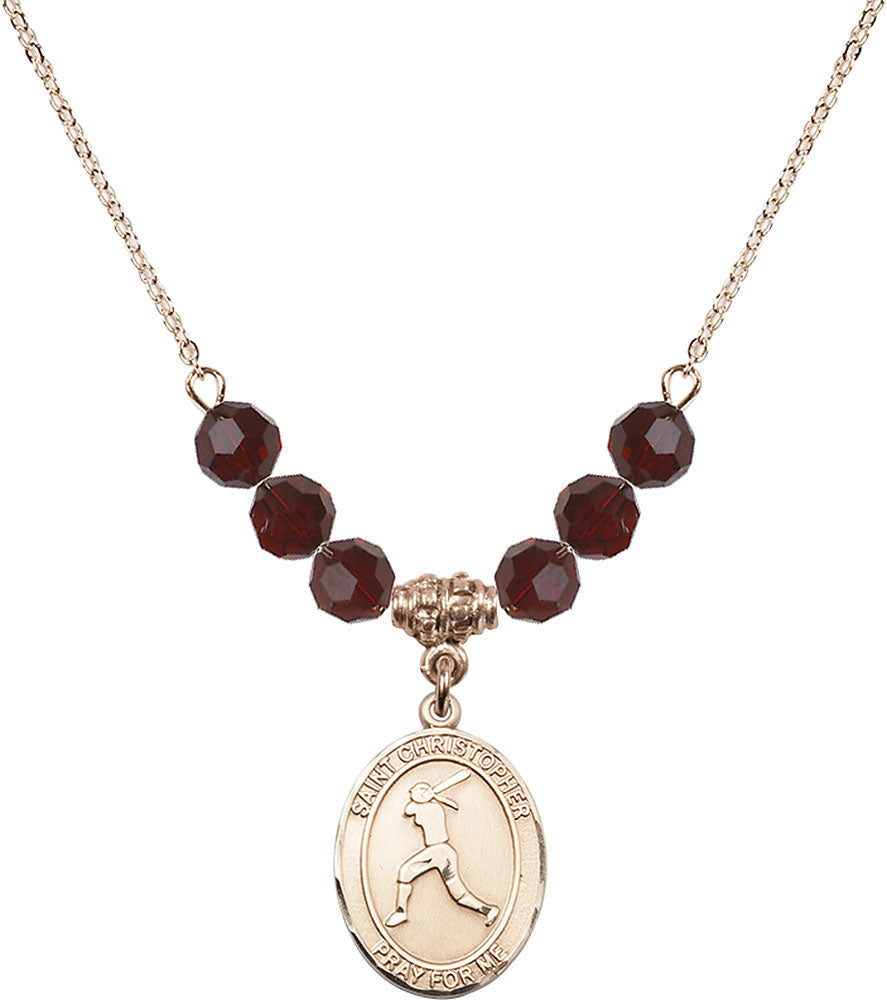 14kt Gold Filled Saint Christopher/Softball Birthstone Necklace with Garnet Beads - 8145