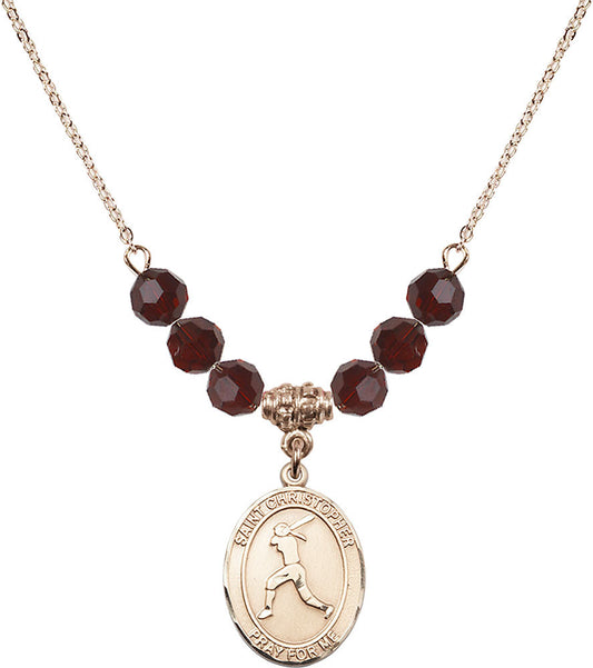 14kt Gold Filled Saint Christopher/Softball Birthstone Necklace with Garnet Beads - 8145