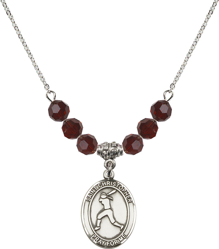 Sterling Silver Saint Christopher/Softball Birthstone Necklace with Garnet Beads - 8145