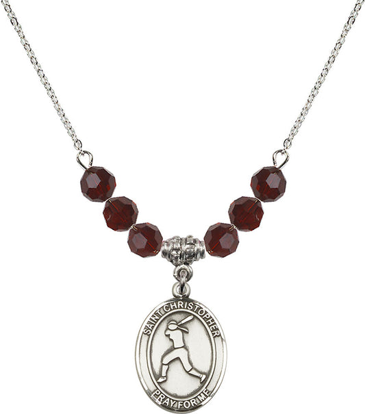 Sterling Silver Saint Christopher/Softball Birthstone Necklace with Garnet Beads - 8145