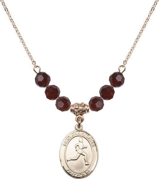 14kt Gold Filled Saint Christopher/Track & Field Birthstone Necklace with Garnet Beads - 8149