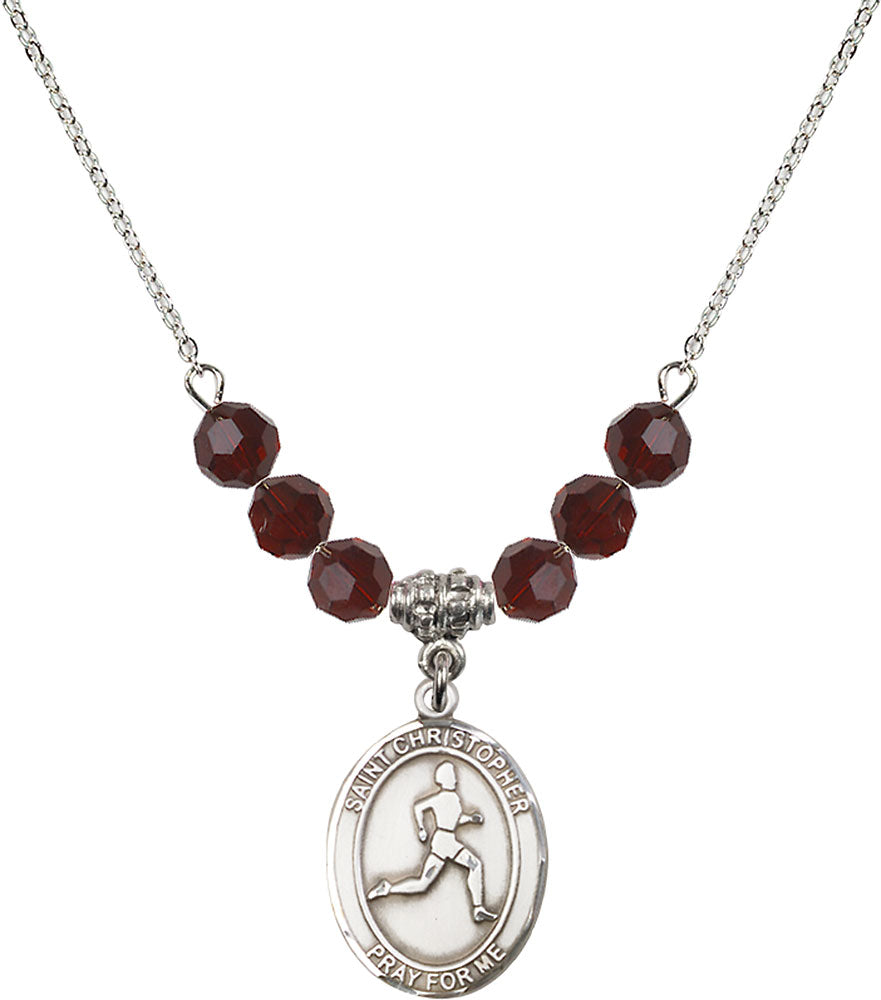 Sterling Silver Saint Christopher/Track & Field Birthstone Necklace with Garnet Beads - 8149