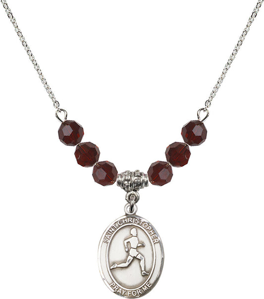 Sterling Silver Saint Christopher/Track & Field Birthstone Necklace with Garnet Beads - 8149