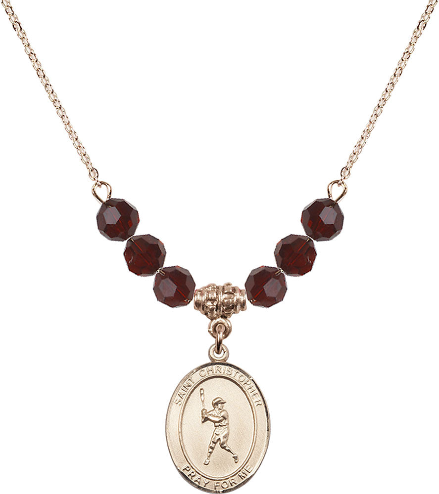 14kt Gold Filled Saint Christopher/Baseball Birthstone Necklace with Garnet Beads - 8150