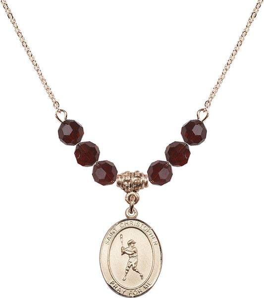 14kt Gold Filled Saint Christopher/Baseball Birthstone Necklace with Garnet Beads - 8150