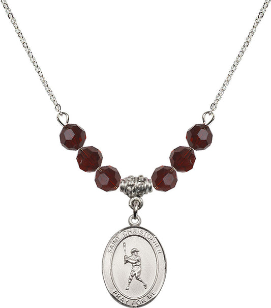 Sterling Silver Saint Christopher/Baseball Birthstone Necklace with Garnet Beads - 8150