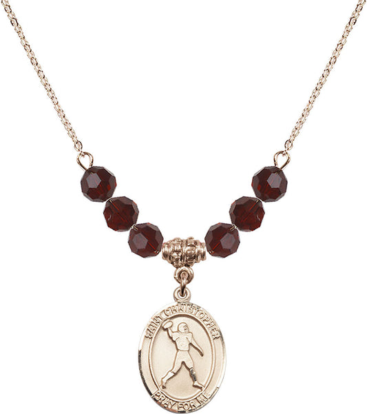 14kt Gold Filled Saint Christopher/Football Birthstone Necklace with Garnet Beads - 8151