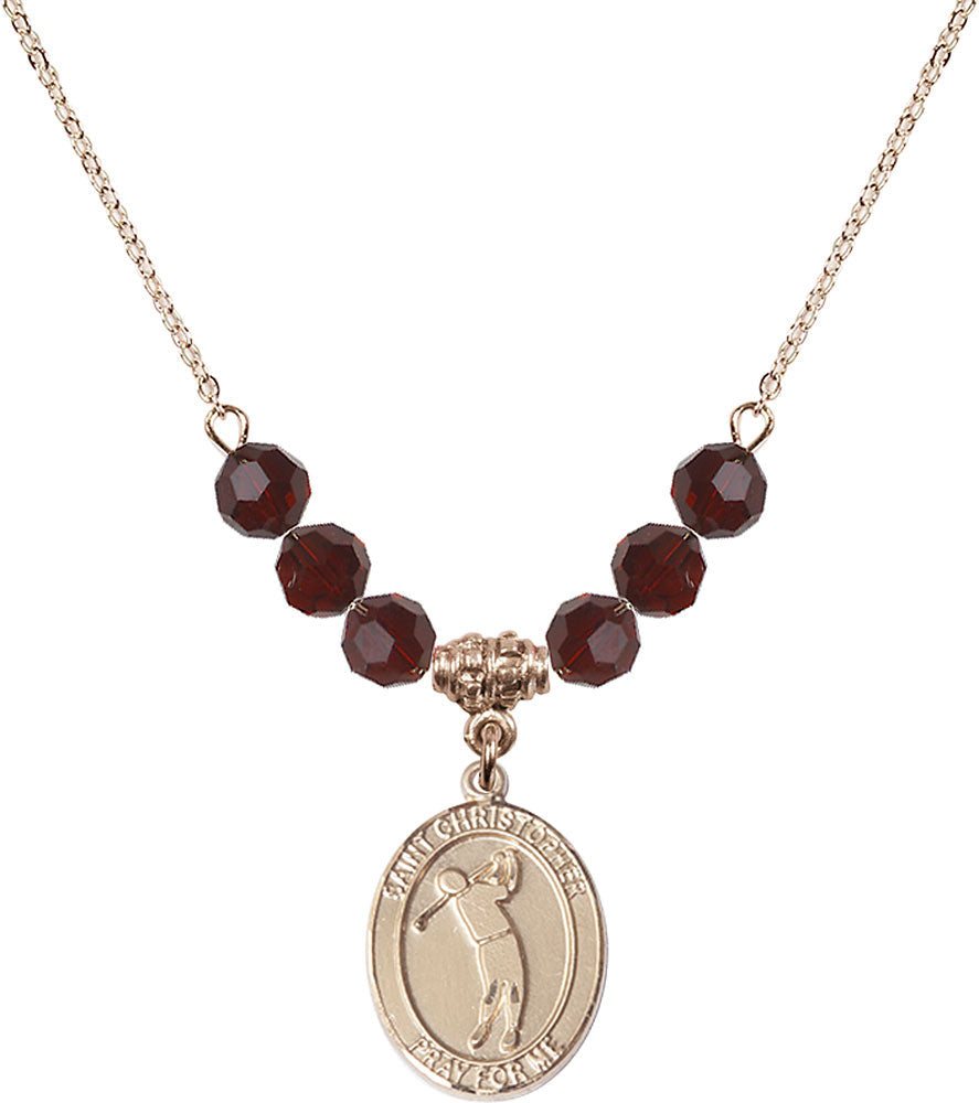 14kt Gold Filled Saint Christopher/Golf Birthstone Necklace with Garnet Beads - 8152