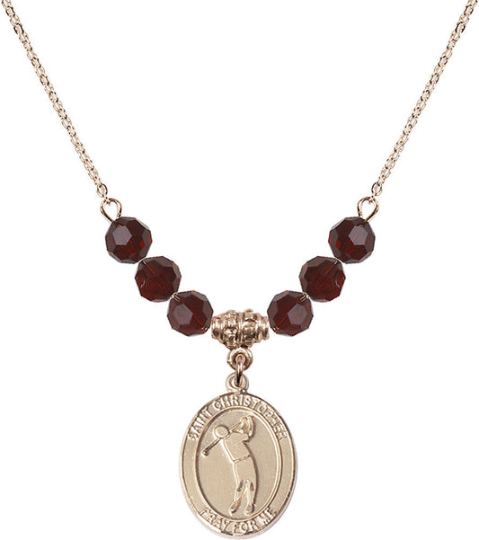 14kt Gold Filled Saint Christopher/Golf Birthstone Necklace with Garnet Beads - 8152