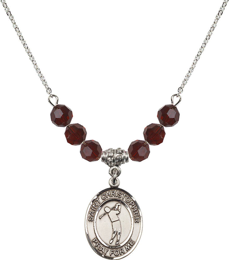 Sterling Silver Saint Christopher/Golf Birthstone Necklace with Garnet Beads - 8152